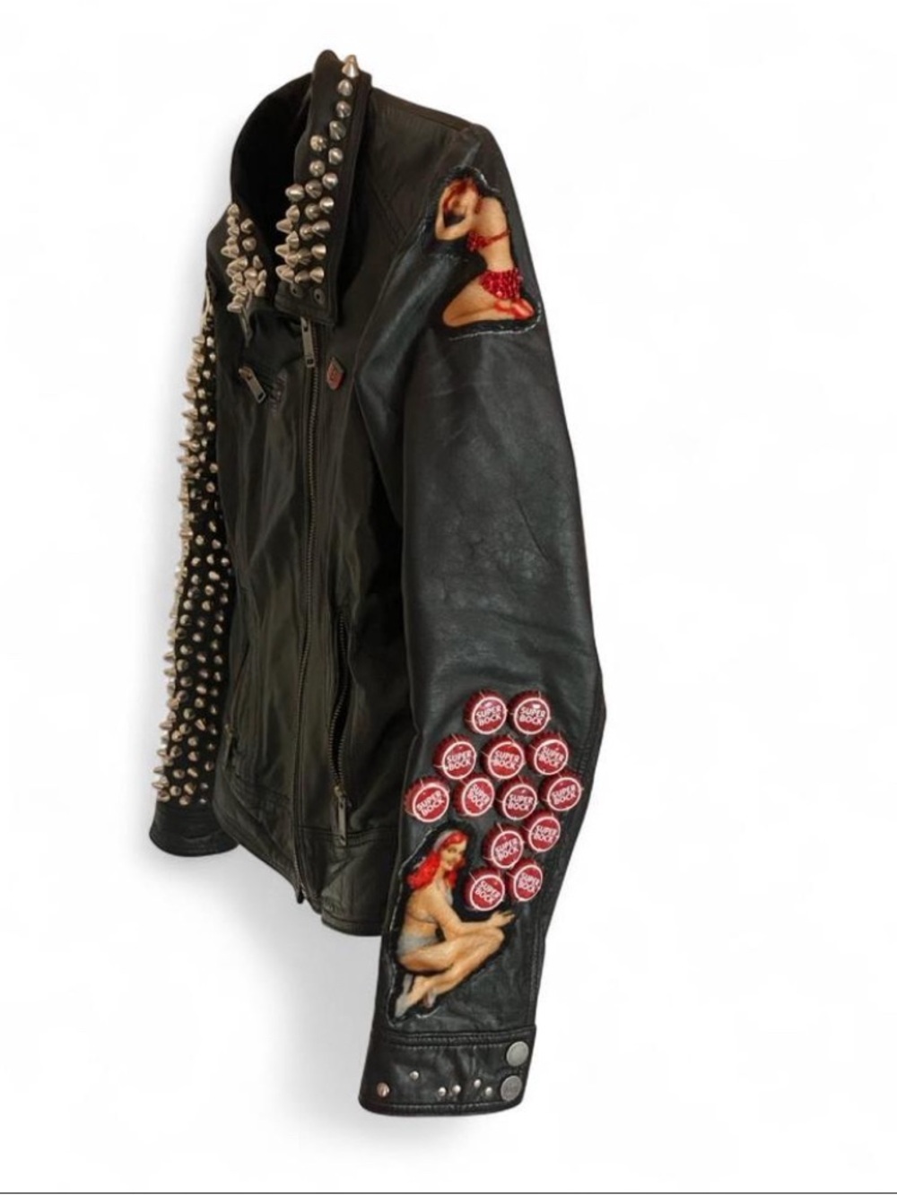 Studded Black Leather Biker Jacket with Pinup Applique